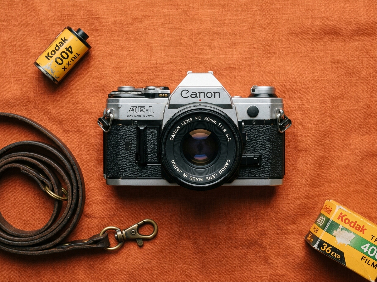 Vintage Canon AE-1 camera on wooden table